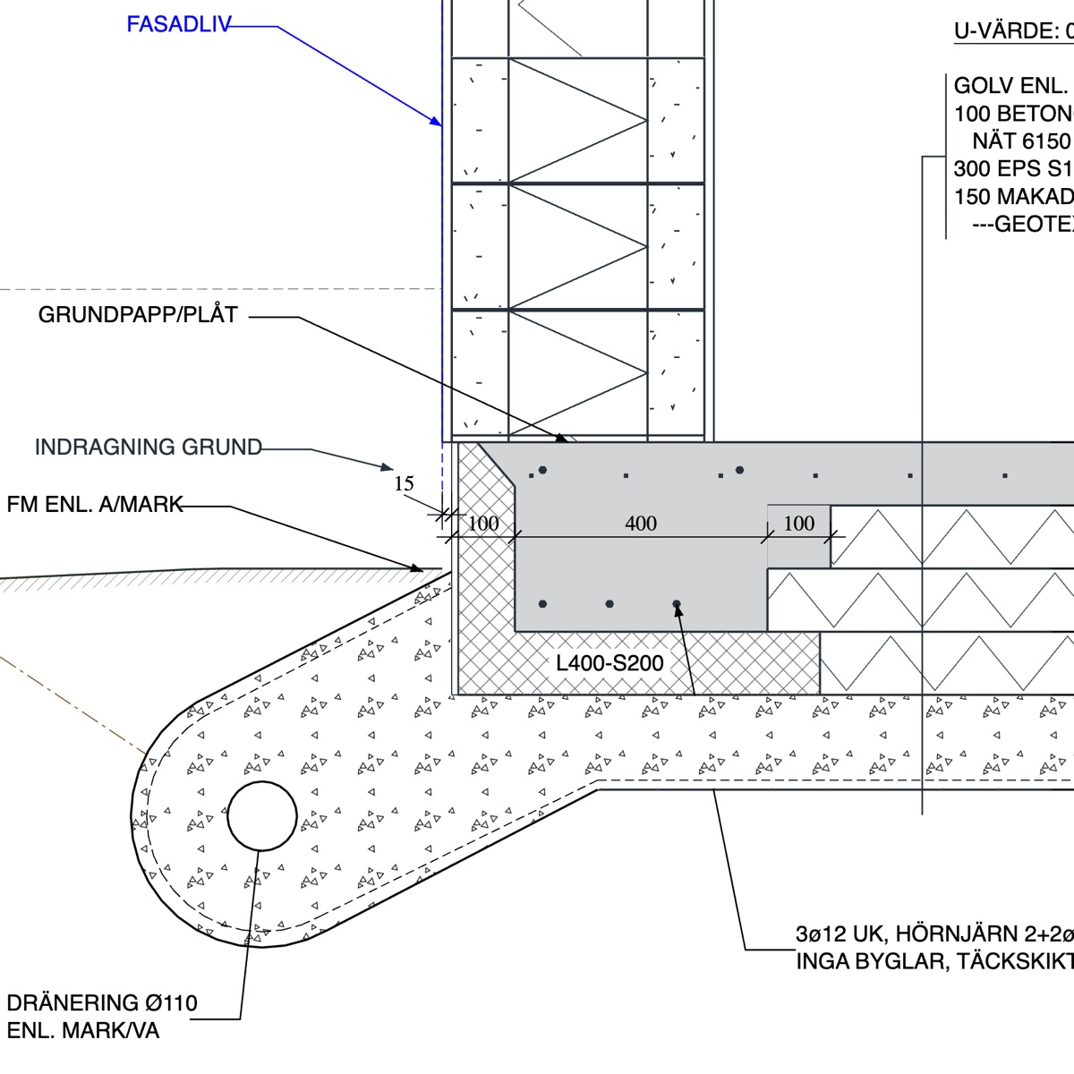 Detail at 1:10: the edge beam of the slab at an outer wall, with insulation, drainage pipe, reinforcement and dimensions.