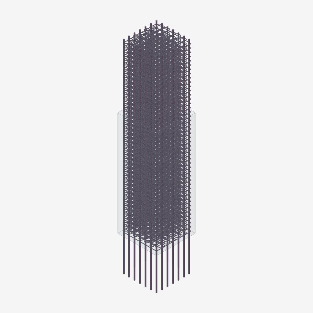 The reinforcement cage of a concrete column in 3D: longitudinal bars and links.