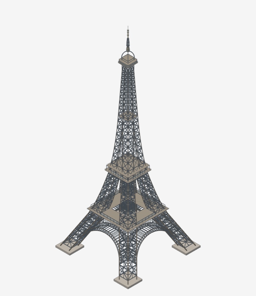 The Eiffel Tower's iron lattice, from the four legs and arches to the antenna, in Stomra's 3D view.