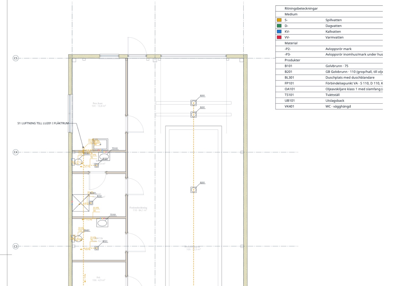 Drainage plan of the ground floor: waste pipes, floor gullies and fixtures, with the legend.
