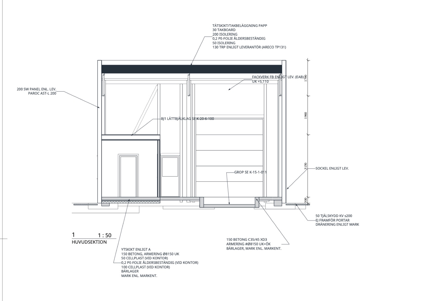 The main section through the hall, with the roof, wall and floor build-ups written out.
