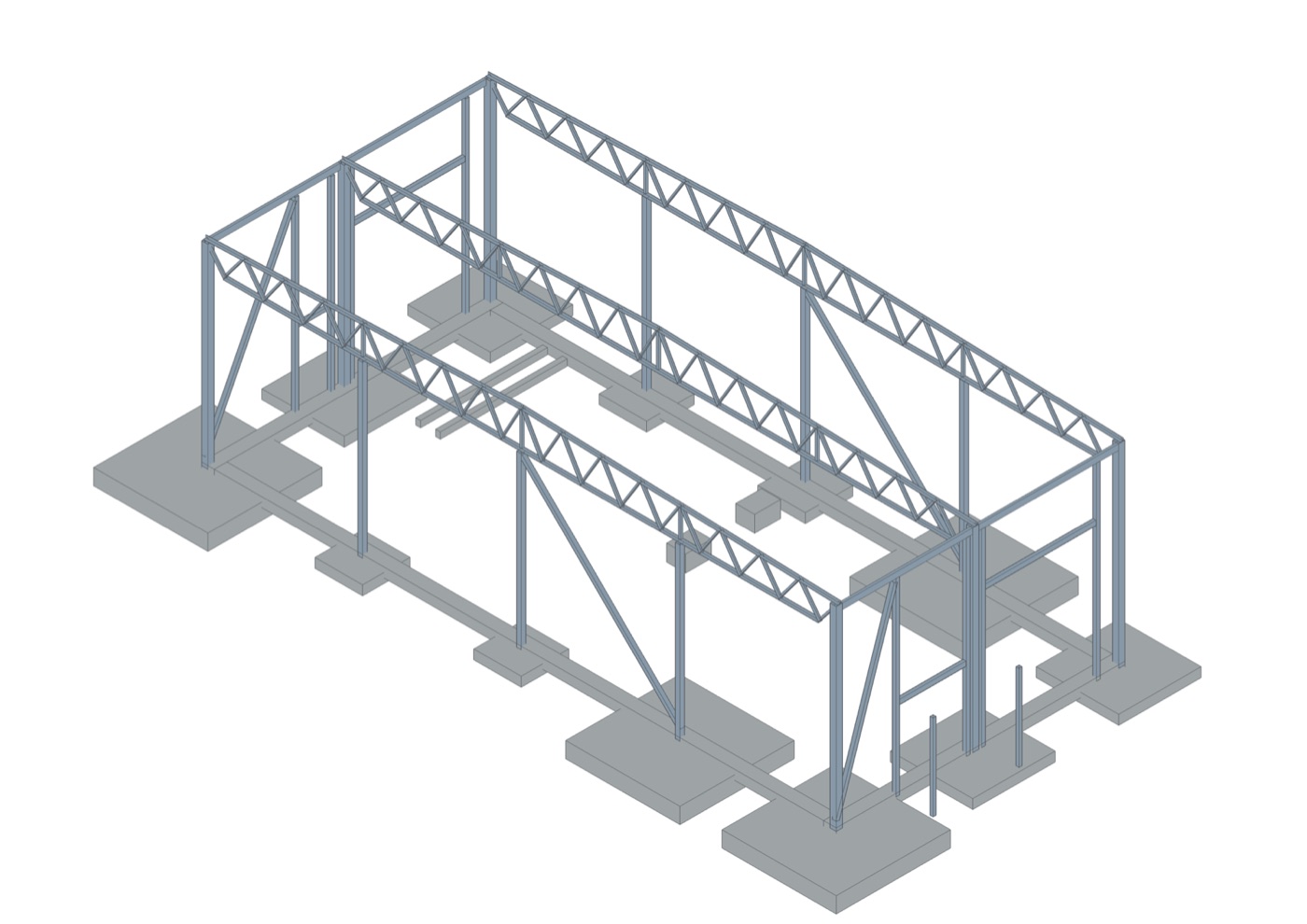 3D view of the steel frame: columns, trusses, bracing and the foundations.