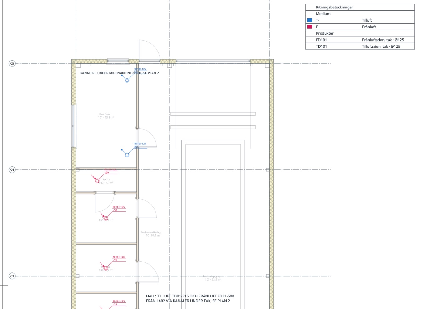 Ventilation plan of the ground floor: supply and extract air terminals with their sizes, and the legend.