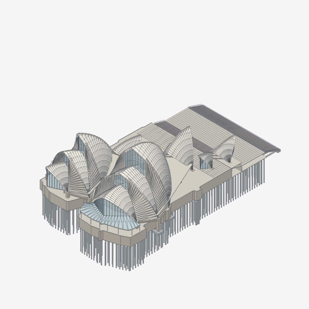 The Sydney Opera House's shells, podium and piles in Stomra's 3D view.