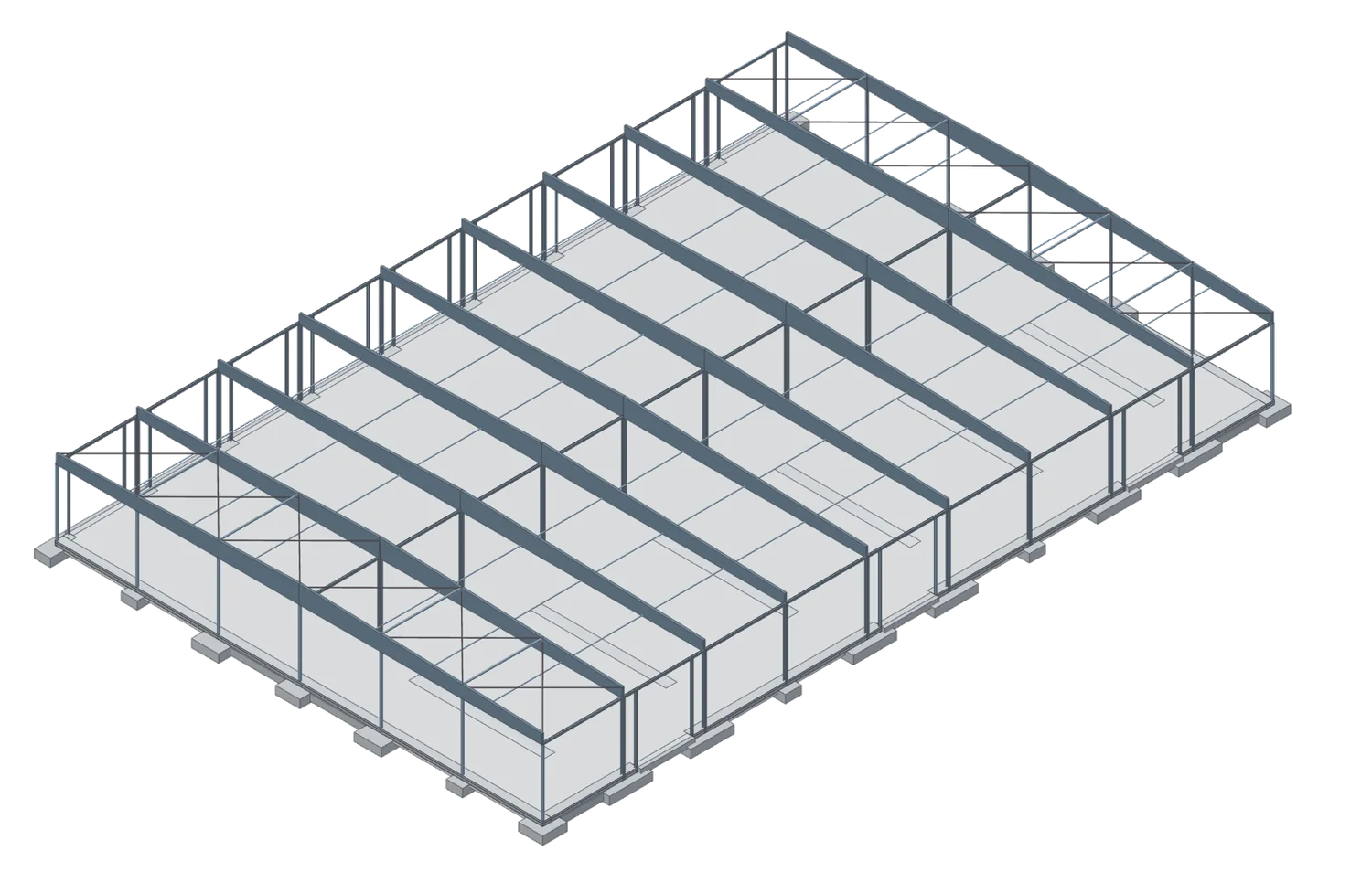 Isometric view of the modelled steel hall: slab on grade, footings, columns, trusses and wind bracing