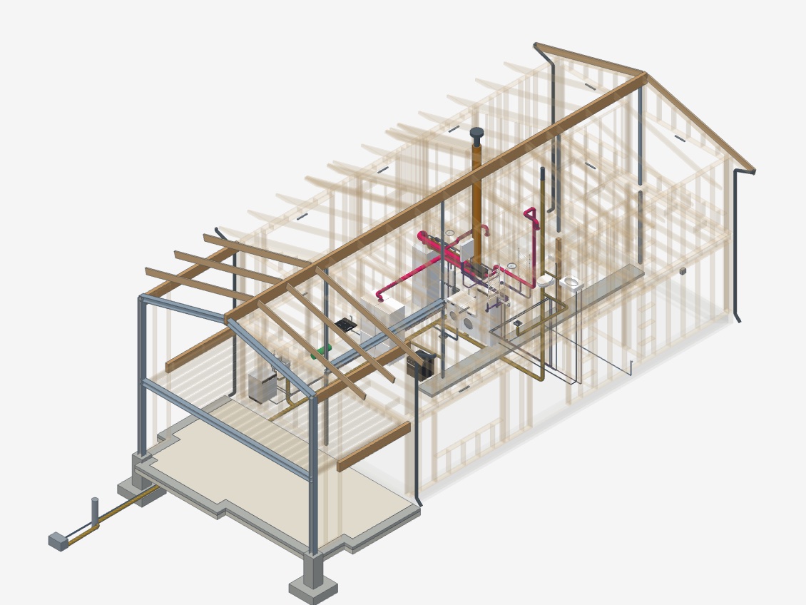 A house in 3D with its structure and systems: the steel frame, glulam beams and foundations, the timber framing drawn faint, and inside it the ventilation ducts, the air handling unit and the water and drainage pipes.