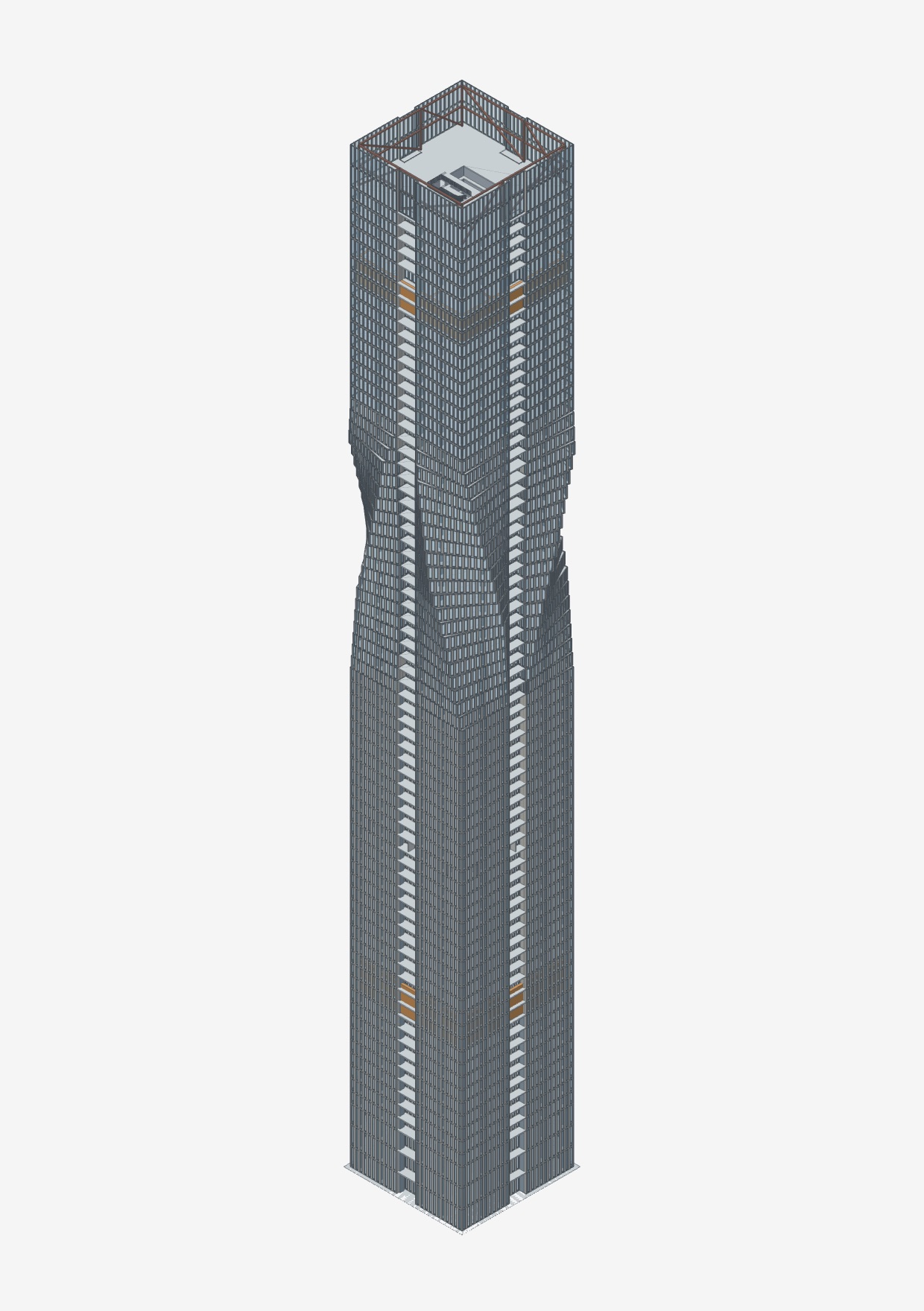 A 74-storey tower in Stomra's 3D view: the façade with its twisted middle storeys, the outrigger storeys and the roof truss on top.