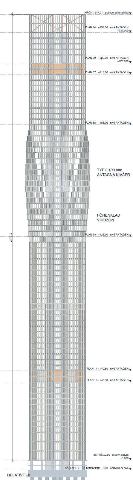 The tower's structural elevation with its levels from the entrance to the roof, drawn in Stomra at 1:500.