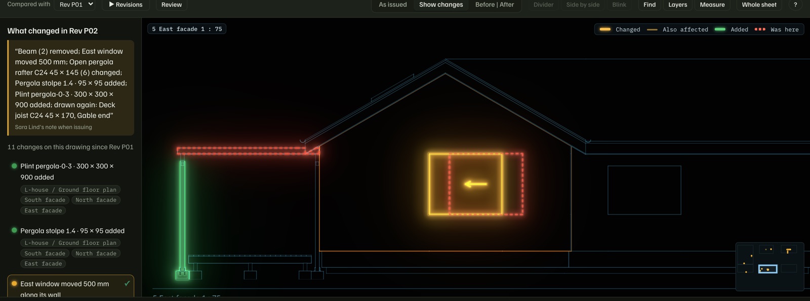 EikHub's X-ray on a drawing: the east facade at 1:75, the moved window glowing where it is now, a dashed red outline where it was and an arrow between them, the new pergola post in green, beside the list of what changed in the new revision.